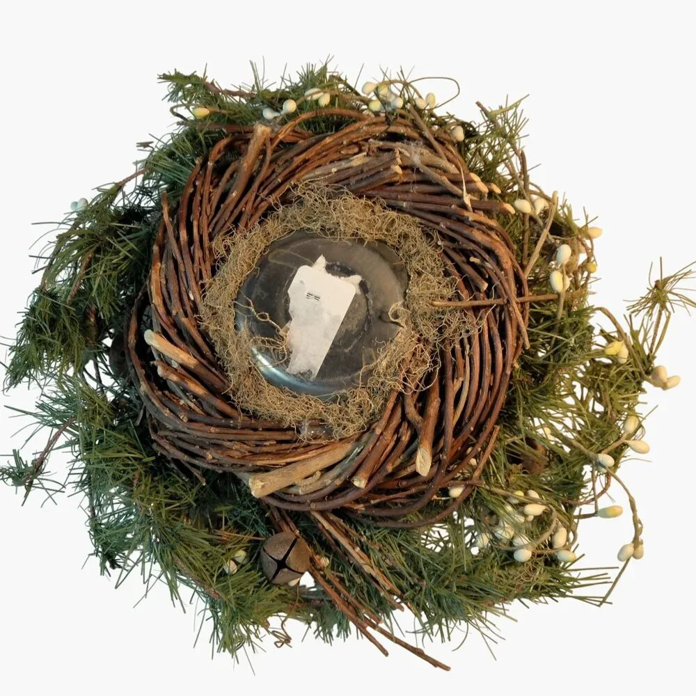 Snowman Wreath Rustic Jingle Bell Green Pine White Berry Handcrafted Centerpiece